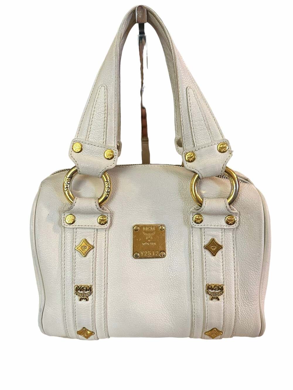 MCM Boston Bag White Leather Satchel Purse